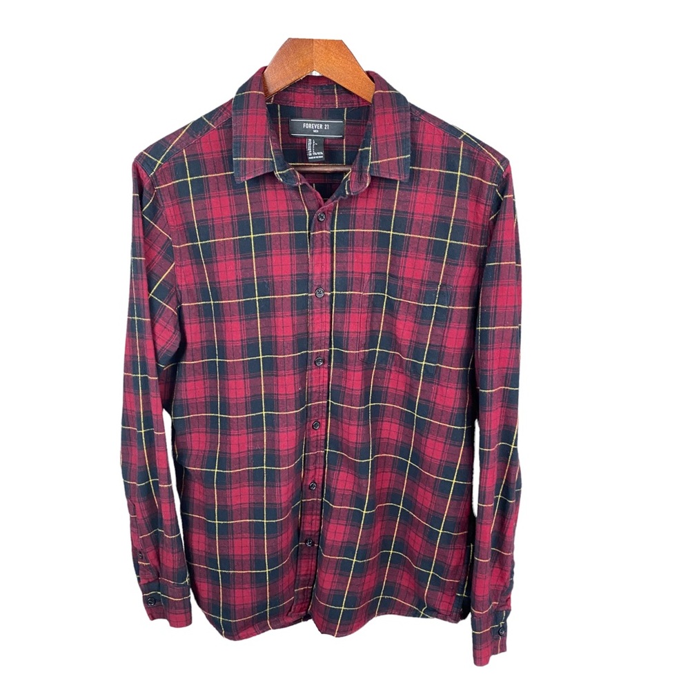 FOREVER 21 Men Red Multi Plaid Long Sleeve Button Down Shirt Size L